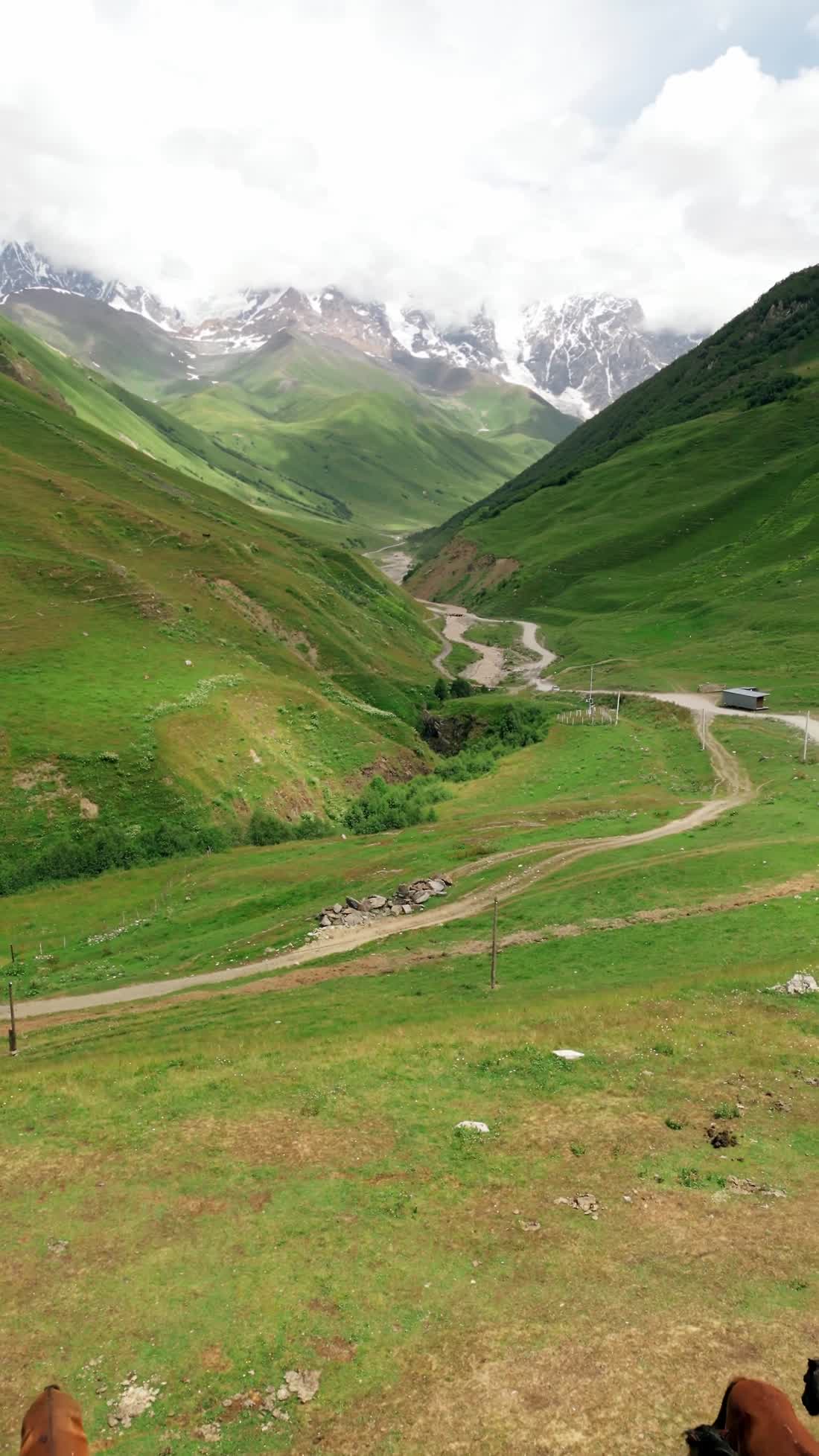 A green mountain valley, with horses grazing in the foreground